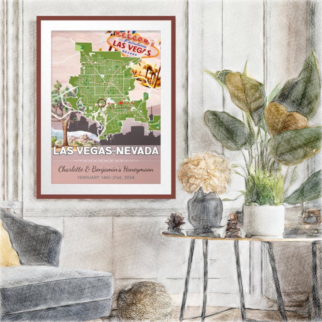 Póster Romántico Mapa de Luna de Miel de Las Vegas Nevada (Las Vegas Nevada Romantic Honeymoon Vacation Memories Poster - Sketch Mockup)