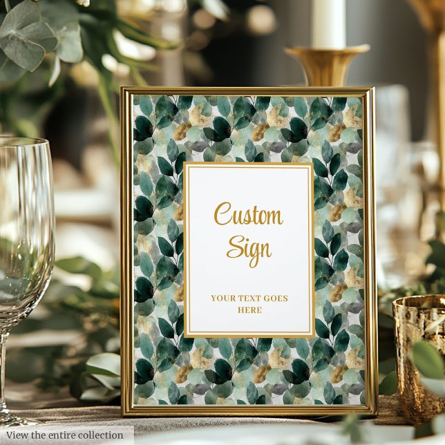 Póster Romántico Oro Verde Forestal deja a Personalizado  (Romantic Forest Green Gold Leaves Wedding Custom Poster)