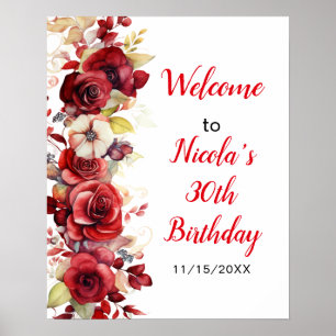Póster Romántico Partido de Cumpleaños Floral Roses Rojos