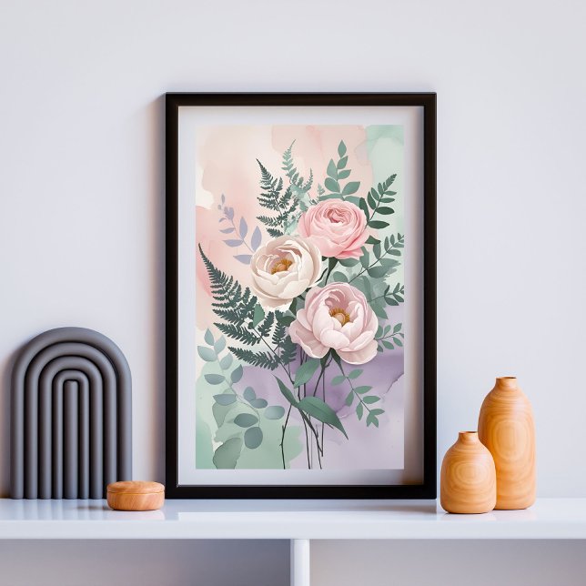 Póster Romántico Peony & Fern Watercolor Wall Art (Subido por el creador)