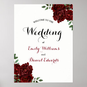 Póster Romántico Rótulo Boda Rosa Roja de Borgoña