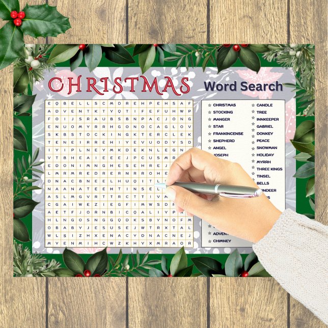 Póster Rompecabezas de búsqueda de palabras de Navidad Ac (A festive Christmas word search poster with greenery border)