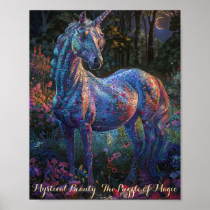 Póster Rompecabezas floral con unicornio encantado - Fant