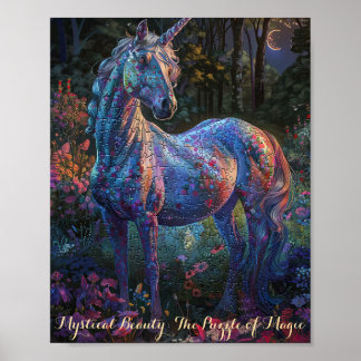 Póster Rompecabezas floral con unicornio encantado - Fant