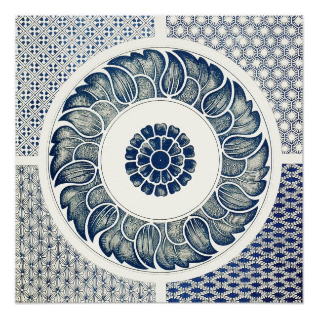 Póster Ronda azul blanca floral china (Anverso)