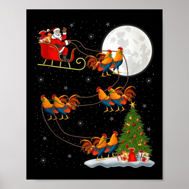 Póster Rooster Chickens Santa Sleigh Flying Funny Magical (Frente)