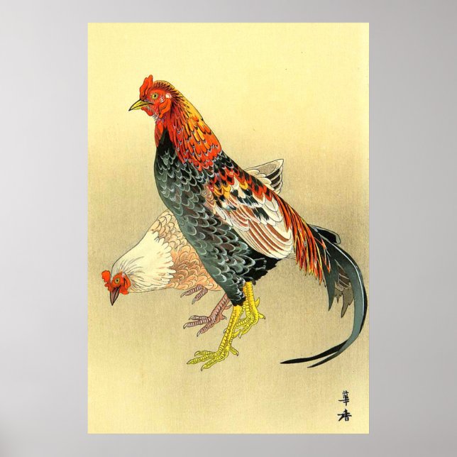 Póster Rooster de lucha y Hen Tsuji Kako, años 1900-1910 (Frente)
