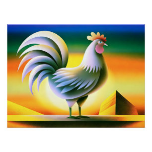 Póster Rooster Estilizado Contra El Vibrante Amanecer