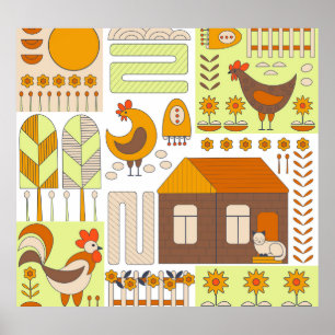 Póster Rooster, gallinas, dibujo floral geométrico.