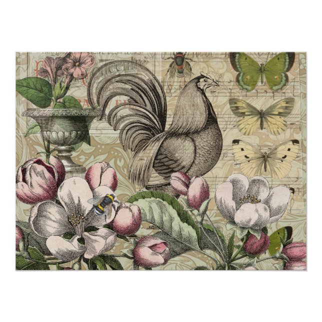 Póster Rooster Garden Flower Butfly Art (Anverso)