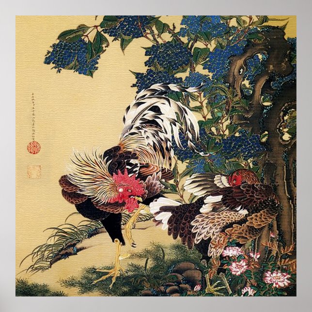 Póster Rooster Hen e Hydrangea por Ito Jakuchu (Frente)