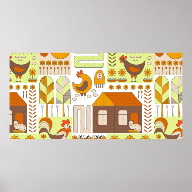 Póster Rooster y dos gallinas, huevos, flores, casa, cajó (Frente)