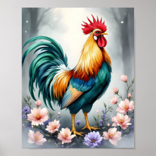 Póster Rooster y flores Digital