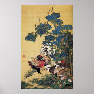 Póster Rooster y Hen con Hydrangeas