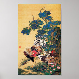 Póster Rooster y Hen con Hydrangeas de Ito Jakuchu