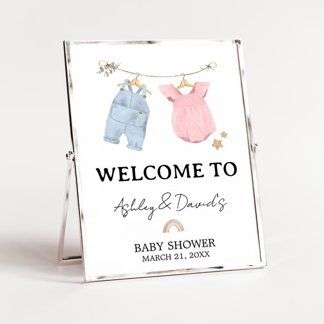 Póster Ropa de bebé boho Cartel de bienvenida para la rev (Boho Baby Clothesline Baby Shower Welcome Sign)