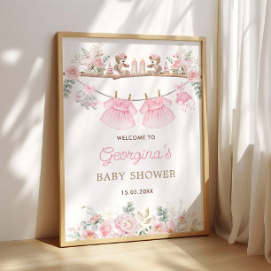Póster Ropa de bebé para gemelas flores Bienvenida al viv