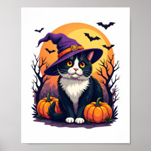 Póster Ropa De Calabaza De Halloween De Gato Negro Retro
