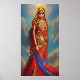Póster Ropa de oro rojo de la mujer india con joyas