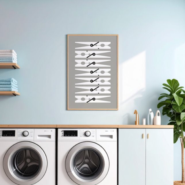 Póster Ropa Pins Blanco negro y gris Lavandería de salón  (medium gray and white modern graphic clothes pins art for a fun laundry room)