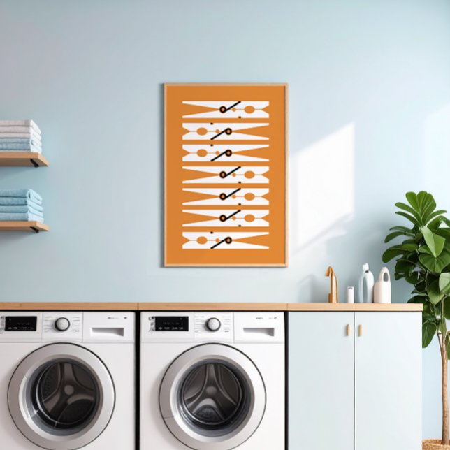 Póster Ropa Pins Blanco negro y Naranja Lavandería (retro rust orange and white modern graphic clothes pins art for a fun laundry room)