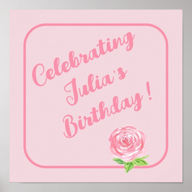 Póster Rosa acuarela pintada a mano FELIZ CUMPLEAÑOS  (Frente)