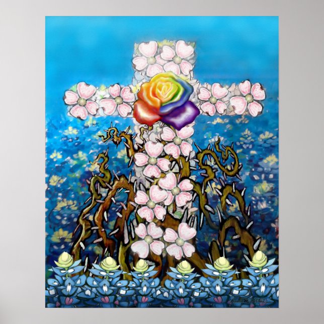 Póster Rosa arcoiris de la Cruz Floral (Frente)
