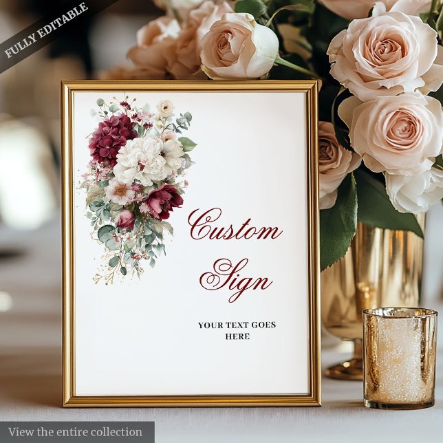 Póster Rosa artístico Boho Borgoña Boda Rótulo Personaliz (Artistic Boho Burgundy Rose Wedding Custom Sign)