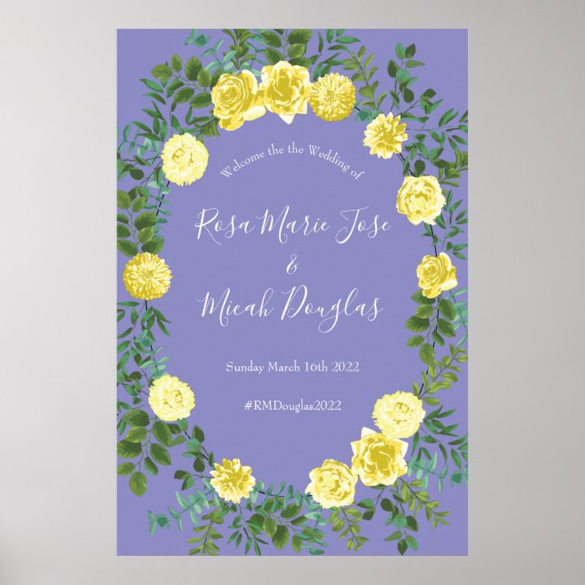 Póster Rosa azul claro amarillo y perwinkle Boda floral (Frente)