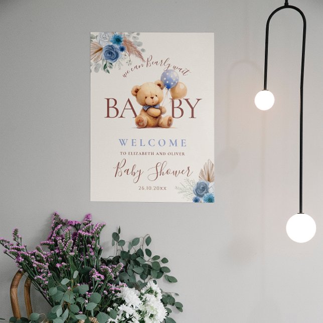 Póster Rosa azul Teddy Bear Boho Baby Shower (Subido por el creador)