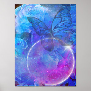 Póster Rosa azul y mariposa azul