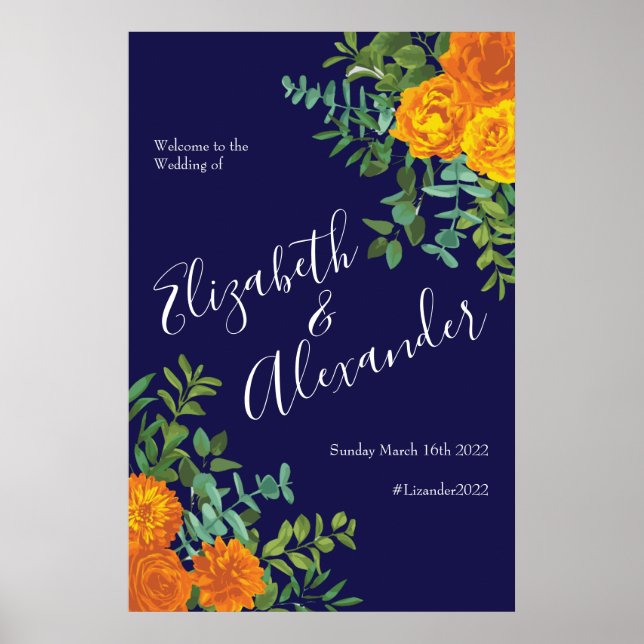 Póster Rosa azul y Naranja Boda Floral Moderno (Frente)