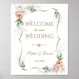 Póster Rosa blanco  Floral Oro verde Boda Rótulo