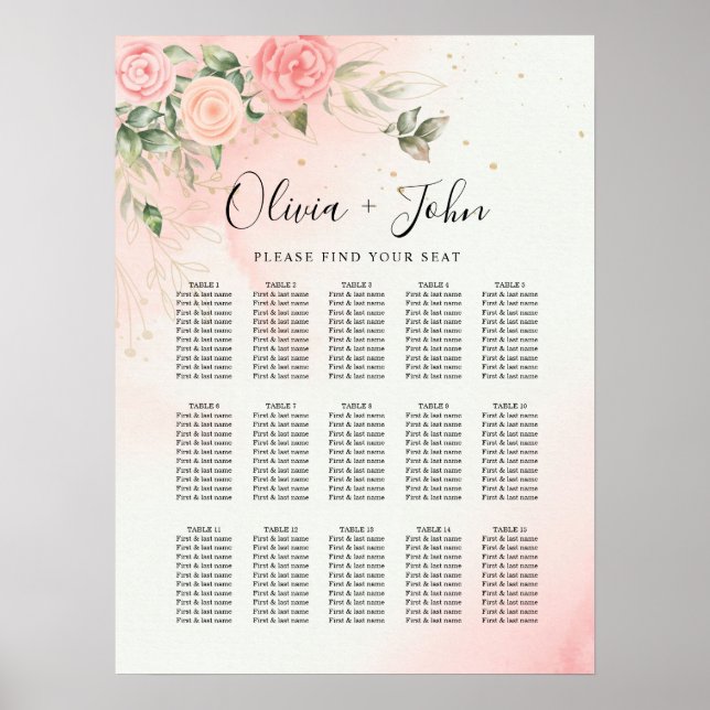 Póster Rosa Boda de acuarela romántica floral rosa (Frente)
