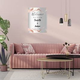 Póster rosa boda de plata venas de mármol dorado