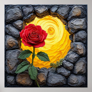 Póster Rosa creciendo fuera de un agujero en una pared de