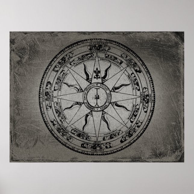 Póster Rosa de brújula antigua (B&W) (Frente)