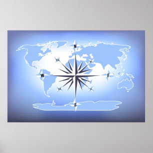 Póster Rosa de brújula azul Poster del Mapa Mundial
