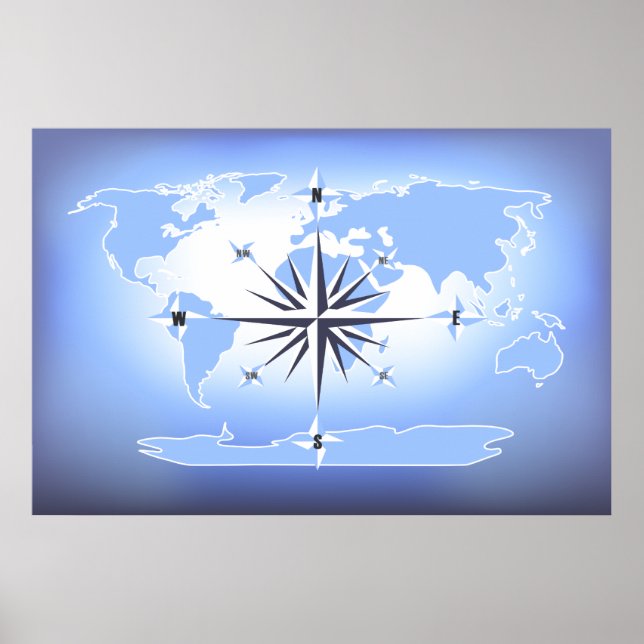 Póster Rosa de brújula azul Poster del Mapa Mundial (Frente)