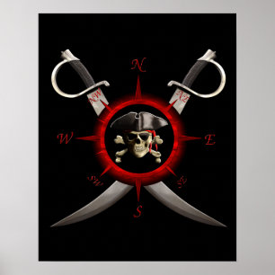 Póster Rosa de compás del cráneo del pirata