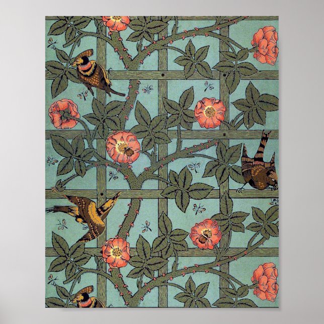 Póster Rosa de escalada y pequeño pájaro, William Morris (Frente)