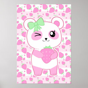 Póster Rosa de fresa suave Kawaii Panda