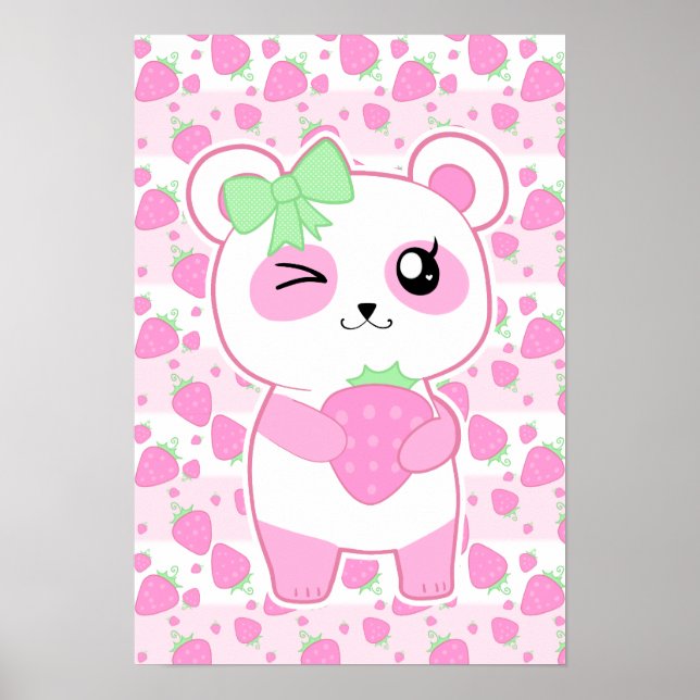 Póster Rosa de fresa suave Kawaii Panda (Frente)