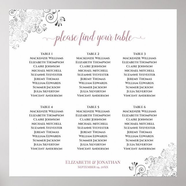 Póster rosa de la tabla de asientos Boda de 6 tablas en b (Frente)