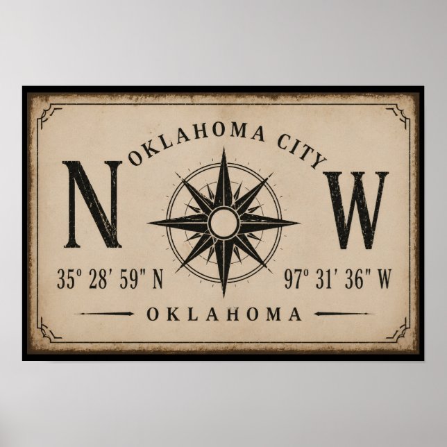 Póster Rosa de los vientos de coordenadas de Oklahoma Cit (Frente)