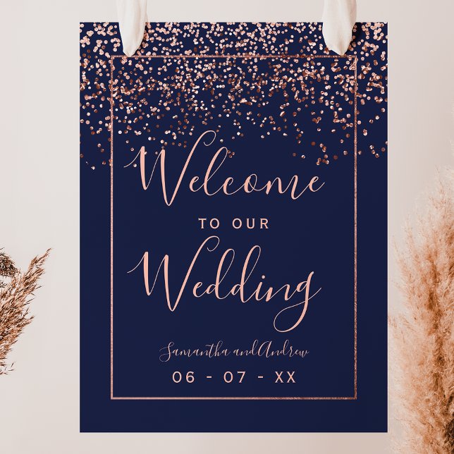 Póster Rosa de oro confetti azul marino boda bienvenida (Subido por el creador)