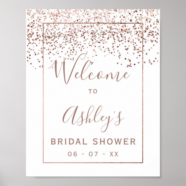Póster Rosa de oro confetti con ducha de novia blanca (Frente)