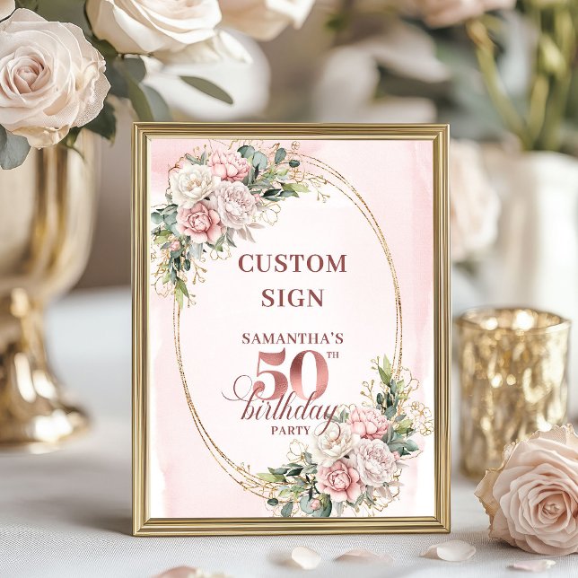 Póster Rosa de Oro Personalizada Botánica Cumpleaños 50   (Personalized Rose Gold Botanical 50th Birthday 8x10 Sign)