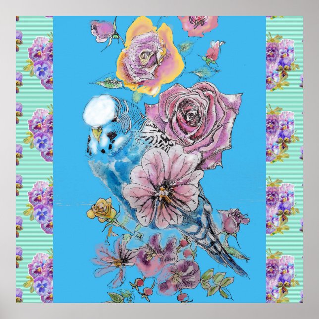 Póster Rosa de pájaro azul Budgie Pintando flores Aqua Po (Frente)