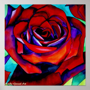 Póster Rosa de pasión rojo acuarela original